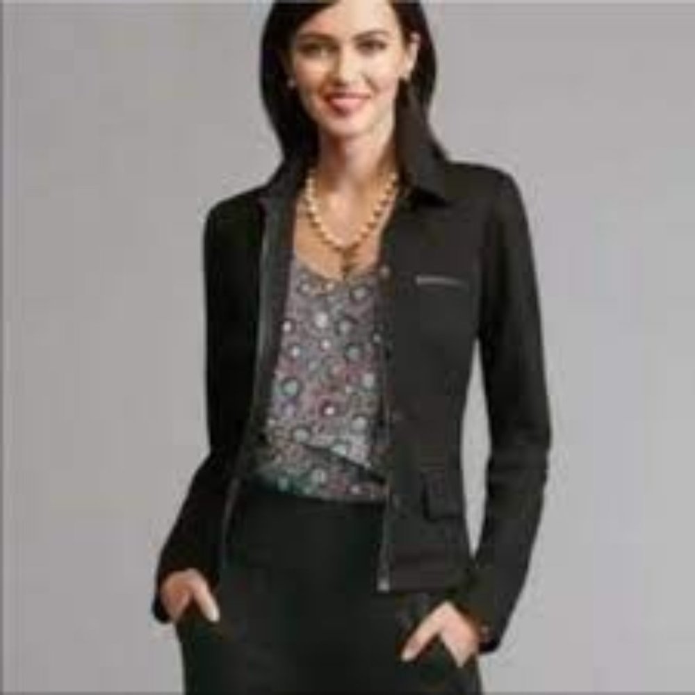 CAbi Tudor Blazer Jacket Size Large Black Faux Leather Trim Stretchy Knit